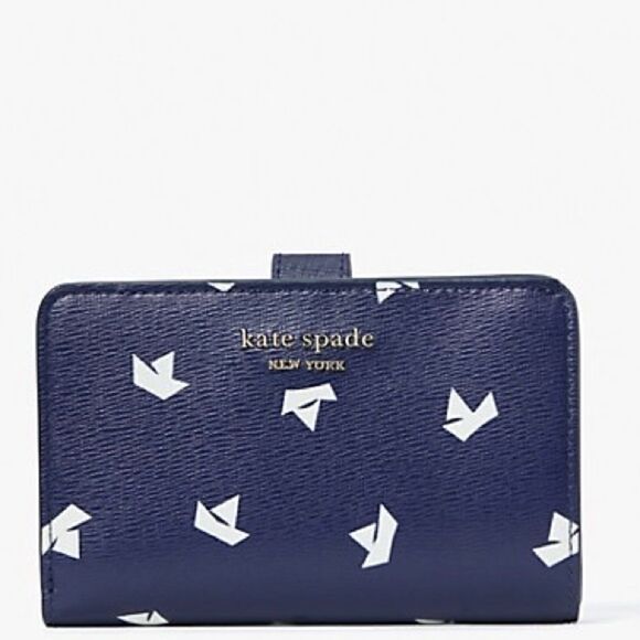 KATE SPADE PAPER BOATS SPENCER WALLET IN SQUID INK NAVY & WHITE LEATHER ZIP SNAP - Picture 1 of 6